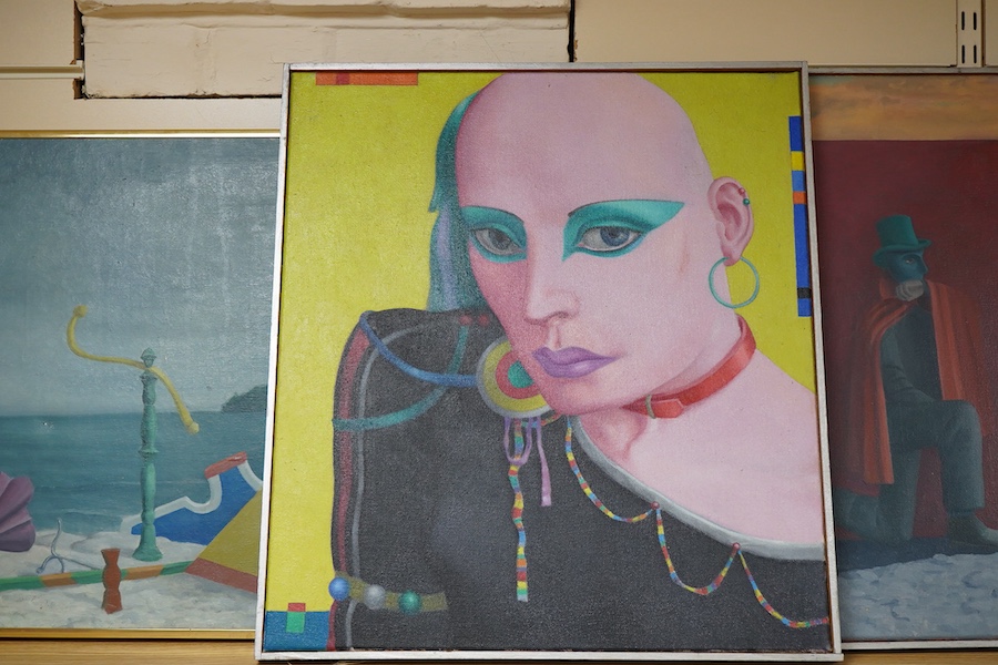 Patrick Burke (1932–2010), Two surreal beach scenes and a portrait study, each signed and inscribed verso, three oils on canvas, largest 50 x 76cm